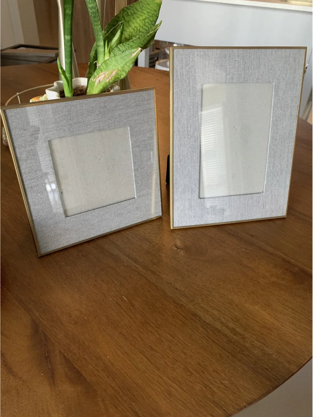 2 Photo Frames with Grey Linen Outside Mat and Gold Edging
